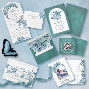 Invitation Tout En Un Arche turquoise, fleurs bleu aqua, mariage feuille