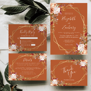 Invitation Mariage Floral Automnal Aquarelle Orange Brûlé Or