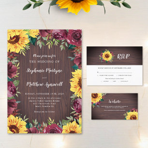 Invitation Mariage frontalier rustique en bois de tournesol