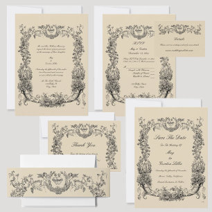 Invitation Bordure vintage baroque Rococo avec Coeurs RSVP
