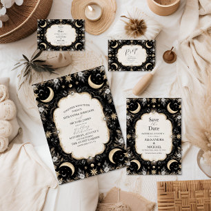 Invitation Tout En Un Botanique Vintage Céleste Lune Étoiles Mariage