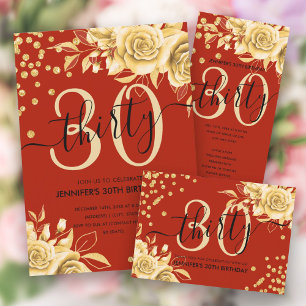 Invitation Glam Gold Red Floral Parties scintillant 30e anniv