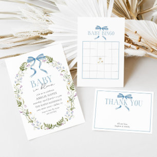 Invitation Bébé en Fleur Bleu Ressort Baby shower de la boue 