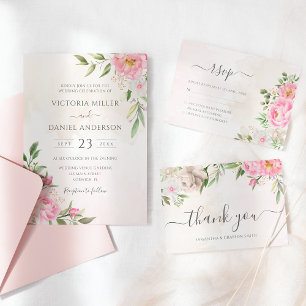 Invitation Aquarelle rose pivoines florales Mariage élégant