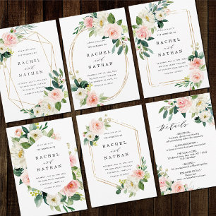 Invitation Mariage Hexagon d'or Blush White Bloom