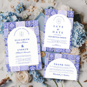 Save The Date Mariage Patchwork Porcelaine Bleu Classique