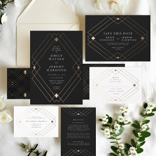 Invitation Gold Diamond noir Géométrique Mariage Gatsby