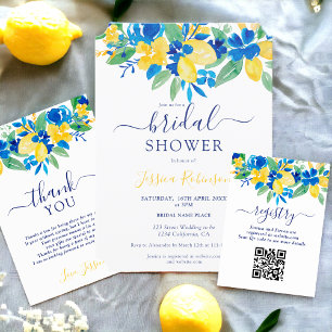 Carte De Remerciements Douche nuptiale fleurie citrons jaune bleu