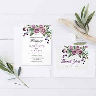 Invitation Plum romantique Violet Rose Floral Mariage Inviter