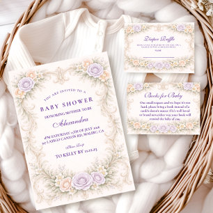 Invitation Lavande Rose Baptême Orné de Bébé