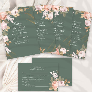 Boho Sage Green Peonies Mariage Carte RSVP
