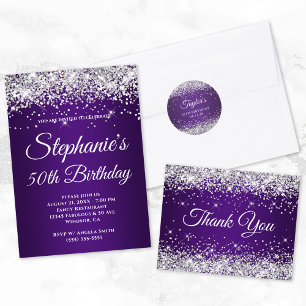 Invitation Parties scintillant d'argent Royal violet Monogram