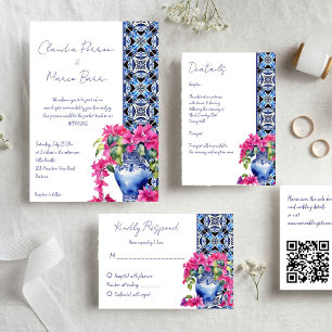 Invitation Carrelage bleu Bougainvillea mariage élégant