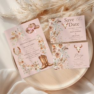 Invitation Tout En Un Boho rose Floral Mariage occidental