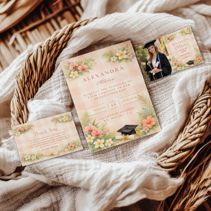 Carte De Remerciements Tropical Gingham Floral Diplômé