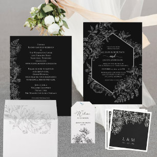 Invitation Mariage Floral Géométrique Blanc Noir Tout en un