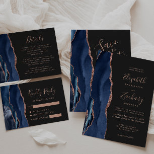 Invitation Rose d'Agate bleu marine moderne Mariage foncé or