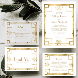 Carte D'accompagnement Vintage 1920s Déco White Gold Wedding Détails