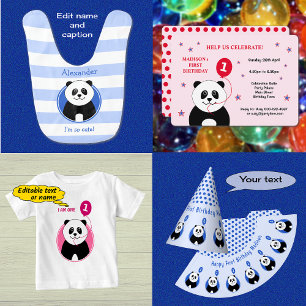 Invitation Cute panda premier anniversaire rose