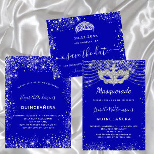 Invitation Quinceanera bleu royal argent glam parties scintil
