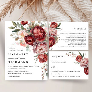 Invitation Moderne Rustique Bourgogne & Mariage Floral Blush