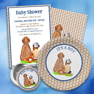 Sticker Rond Baby Boy and Dog Baseball Baby shower à thème
