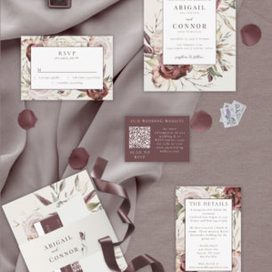 Invitation Tout En Un Floral à la crème Rustique Boho Marsala