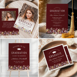 Invitation Boho Fleur sauvage Burgundy Graduation Party