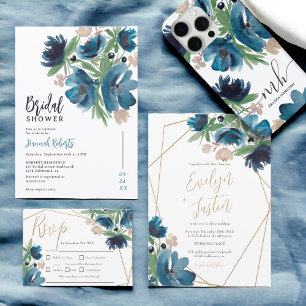 Invitation Elégant bleu doré Floral Aquarelle Mariage