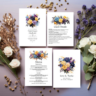 Invitation Mariage floral bleu, violet, or et noir
