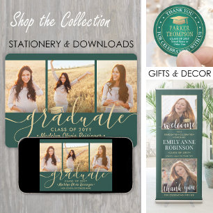 Invitation 3 Photo Collage Script Green Gold Graduation Party