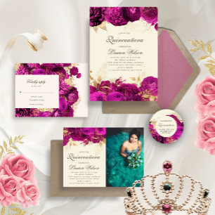 Invitation Aquarelle Or Roses Rose Quinceanera QR Code