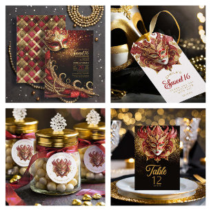 Invitation Sweet 16 Masquerade Rouge Or ID1032