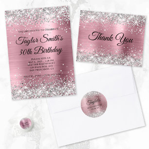 Invitation Parties scintillant d'argent clair rose Monogramme