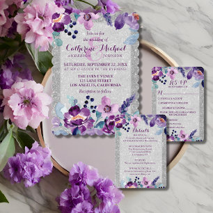 Invitation Mariage Fleurie Aquarelle Violette et Paillettes d