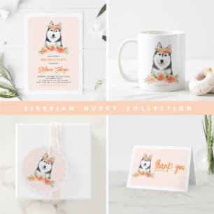 Sticker Rond Cute Husky Sibérien et Fleurs de Pêche Anniversair