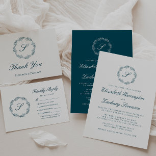 Cartons Réponse Mariage Couronne Bleu Sarcelle Monogramme