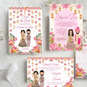 Invitation Lampions Lotus et Arabe Mohndi mariage indien