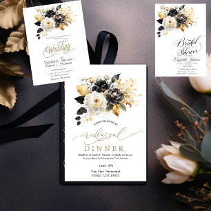 Invitation Dîner de répétition Gold Black White Flowers