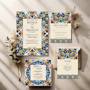 Invitation Talavera azulejo bleu tuile vintage Mexique mariag