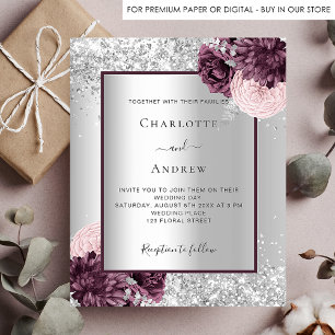 Invitation Mariage luxueux et élégant à fleurs bordeaux argen