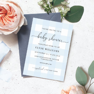 Invitation Gold Foil Baby shower bleu En vichy