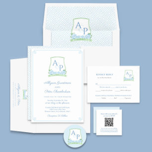 Invitation Mariage de la crête botanique bleu vert intemporel
