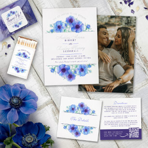Invitation En Aluminium Aquarelle bleu blanc anémone mariage feuille photo