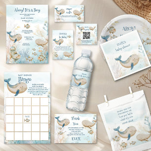 Carte D'accompagnement Baleine Baby shower Bleu Beige Déchet Raffle