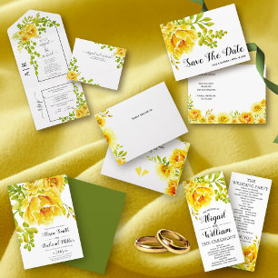 Invitation Trois Volets Fleurs jaunes et feuille boho mariage