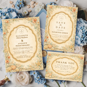 Invitation Mariage champêtre vintage sur le thème des coquill