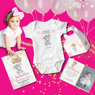 Invitation Eléphant rose de charme premier anniversaire fille