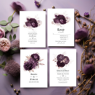 Invitation Noir violet foncé et Rose or Floral Mariage QR Cod