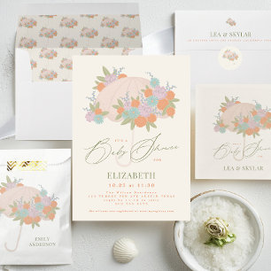 Sticker Rond Élégant Baby shower de Monogramme Parapluie Floral